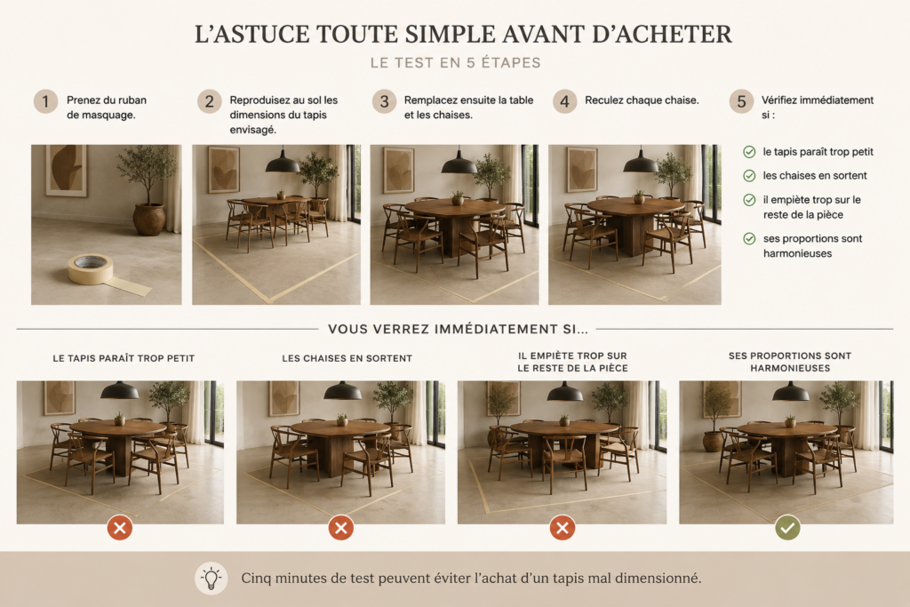 Quelle taille de tapis sous une table à manger ? Le guide des bonnes dimensions 3 choisir taille tapis table a manger test ruban masquage Un tapis sous la table à manger peut complètement transformer la pièce. Il délimite l'espace repas, apporte de la chaleur et permet de créer un ensemble beaucoup plus harmonieux entre la table et les chaises.