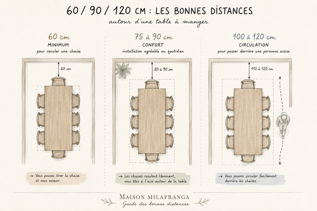 Quelle distance laisser autour d’une table à manger ? 2 Croquis des distances de 60, 90 et 120 cm à prévoir autour d’une table à manger