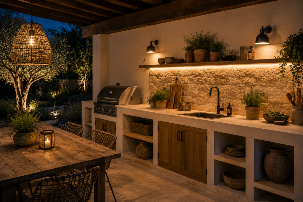 Cuisine d'extérieur en béton et bois éclairée par des appliques murales, un ruban LED sous une étagère et une suspension en fibres naturelles sous une pergola.