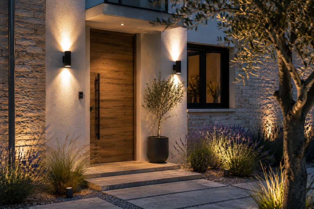 Façade de maison contemporaine avec éclairage extérieur créé par deux appliques murales noires diffusant une lumière blanc chaud, avec porte en bois, parement en pierre et jardin paysager.