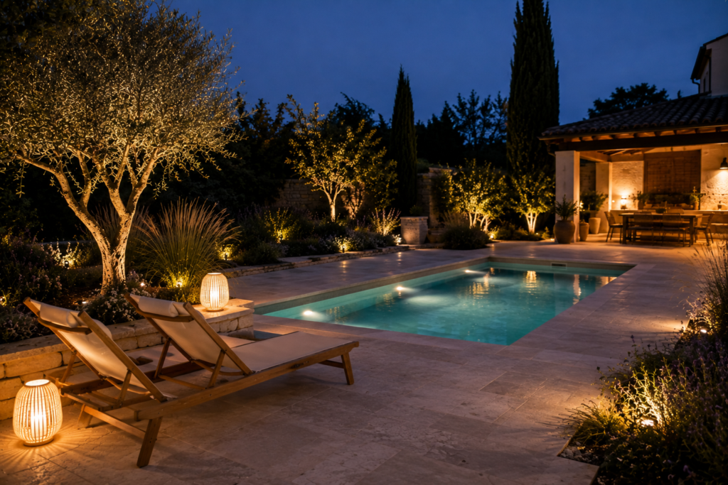 Petite piscine contemporaine éclairée à la tombée de la nuit avec spots immergés, lampes nomades, oliviers illuminés et terrasse en travertin.