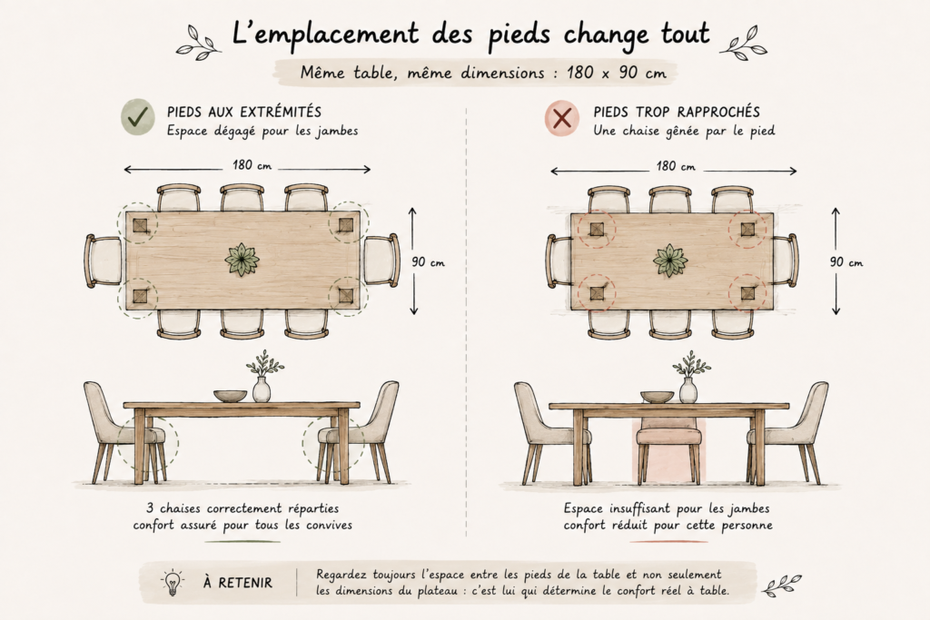 Quelle taille de table à manger choisir selon le nombre de personnes ? 3 Croquis comparant une table à manger avec des pieds aux extrémités et des pieds trop rapprochés