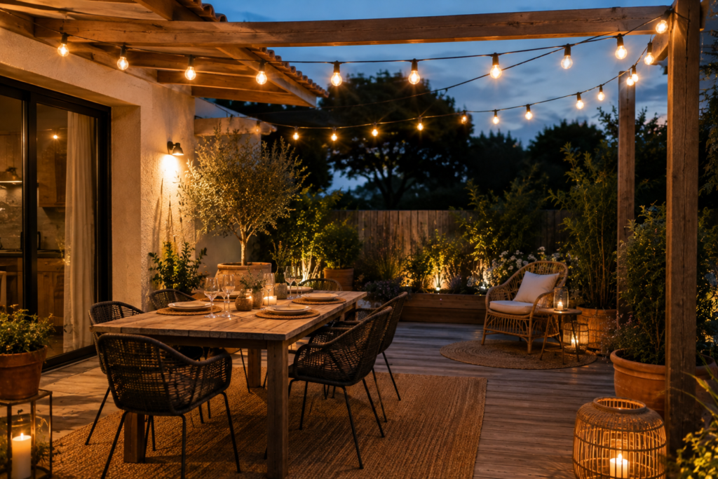 Terrasse en bois avec pergola éclairée par une guirlande lumineuse LED, table de repas, fauteuils en rotin et plantes en pots dans une ambiance chaleureuse à la tombée de la nuit.