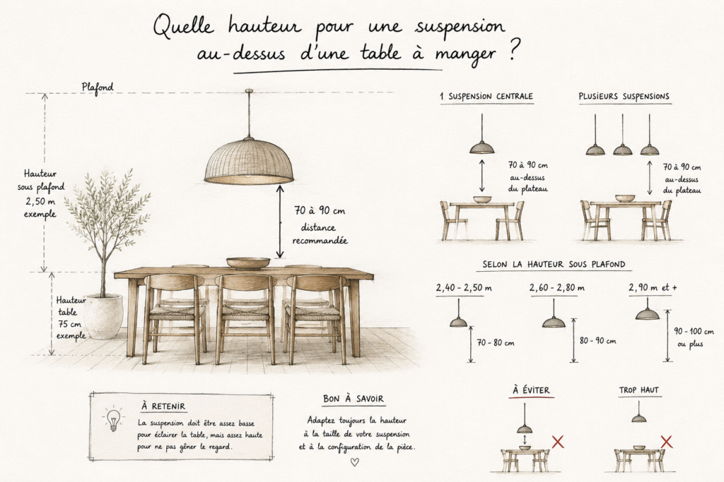 Quelle hauteur pour une suspension au-dessus d’une table ? 2 Schéma des hauteurs recommandées pour une suspension au-dessus d’une table à manger