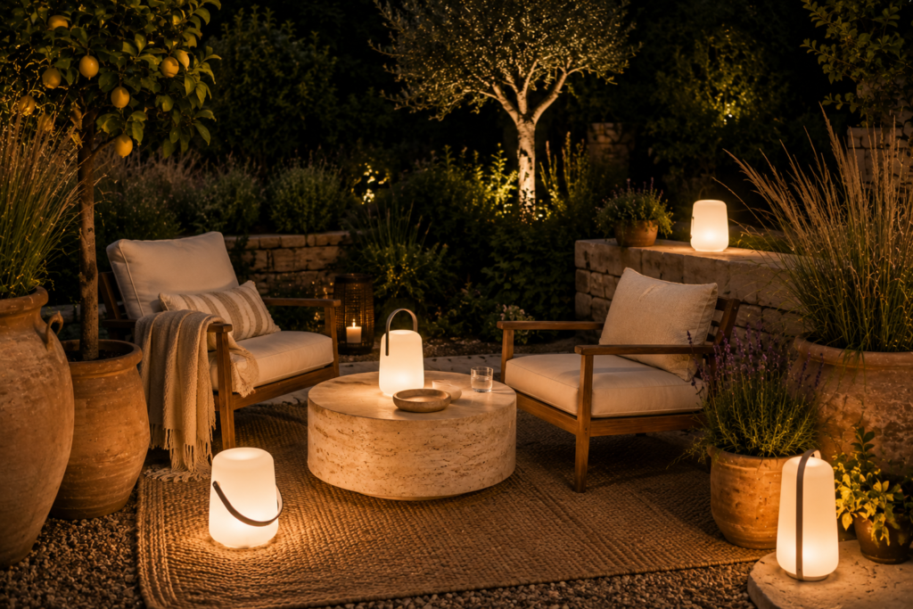 Salon de jardin cosy éclairé par plusieurs lampes nomades rechargeables, avec fauteuils en bois, table basse en travertin, tapis en fibres naturelles et jardin paysager à la tombée de la nuit.