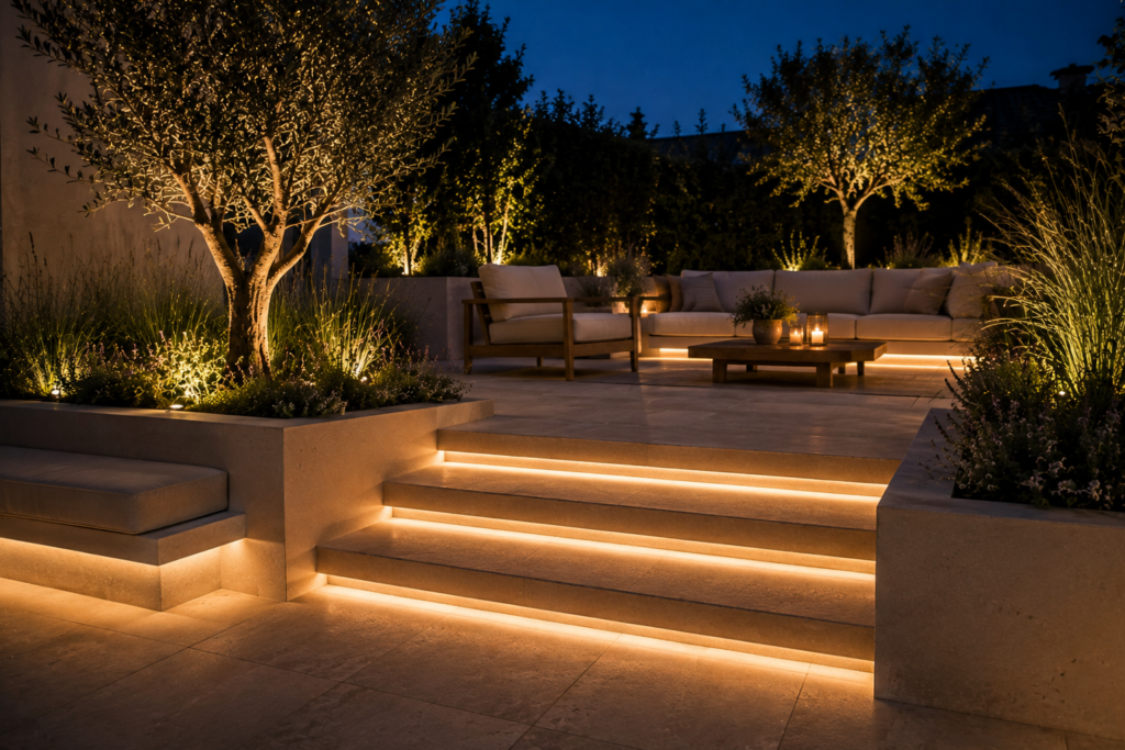 Terrasse contemporaine en travertin avec rubans LED intégrés dans les marches, jardinières maçonnées éclairées, salon de jardin et oliviers illuminés à la tombée de la nuit.
