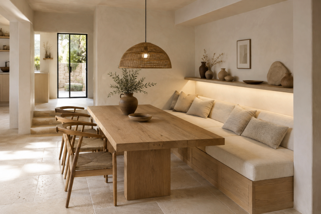 salle-a-manger-beige-bois-banquette-integree Salle à manger beige et bois avec banquette intégrée, table en chêne massif, coussins en lin et décoration naturelle.