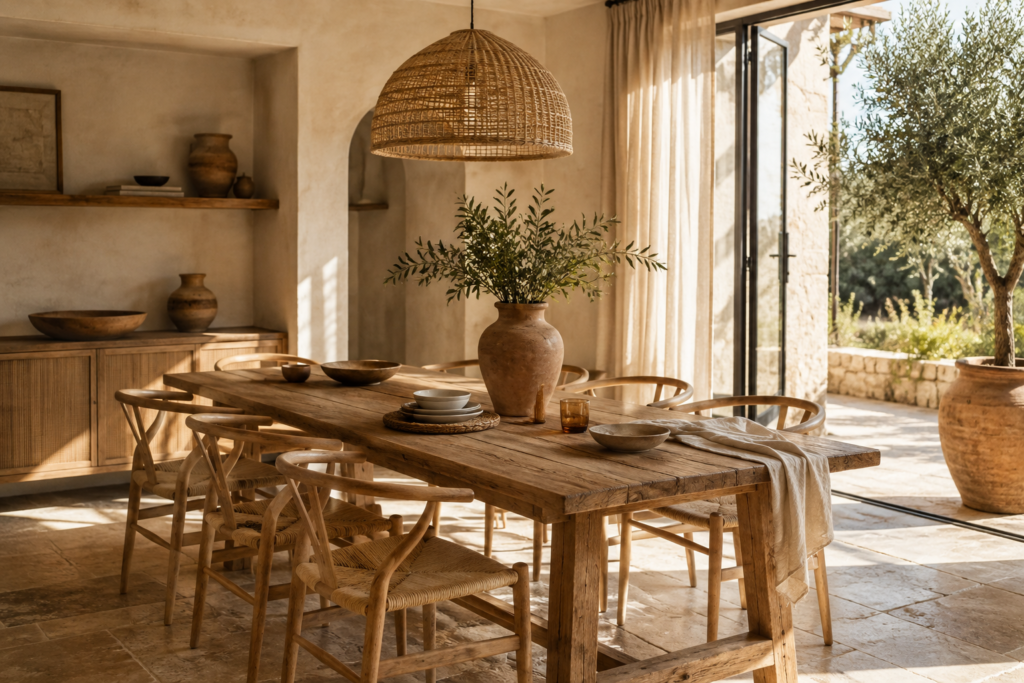 salle-a-manger-beige-bois-mediterraneenne Salle à manger beige et bois de style méditerranéen avec grande table en bois massif, chaises en corde tressée, suspension en rotin et vase en terre cuite.