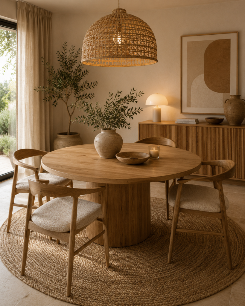 salle à manger beige et bois : LES 5 plus belles inspirations pour une décoration chaleureuse 2 Salle à manger avec table ronde en bois, chaises en chêne, suspension en rotin et décoration beige chaleureuse.