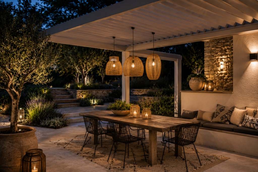 Pergola bioclimatique avec trois suspensions en fibres naturelles éclairant une terrasse contemporaine, une grande table en bois, des chaises noires et un jardin paysager à la tombée de la nuit.