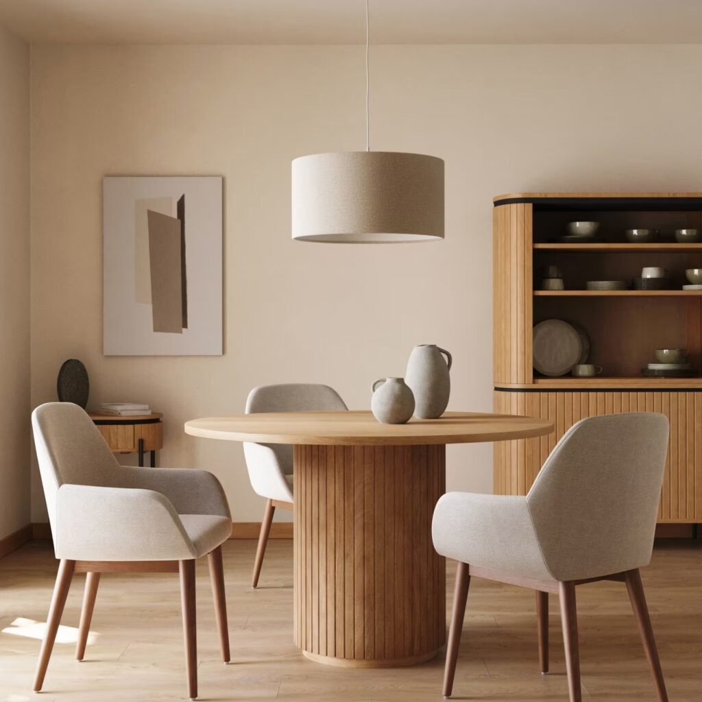 table_ronde_kave_home_1x1 table ronde kave home 1x1 Créer une salle à manger beige et bois est l'une des meilleures façons d'aménager un intérieur à la fois chaleureux, élégant et intemporel. Cette association de couleurs douces et de matières naturelles séduit par son équilibre : le beige apporte de la luminosité, tandis que le bois réchauffe l'atmosphère et crée une sensation immédiate de confort.