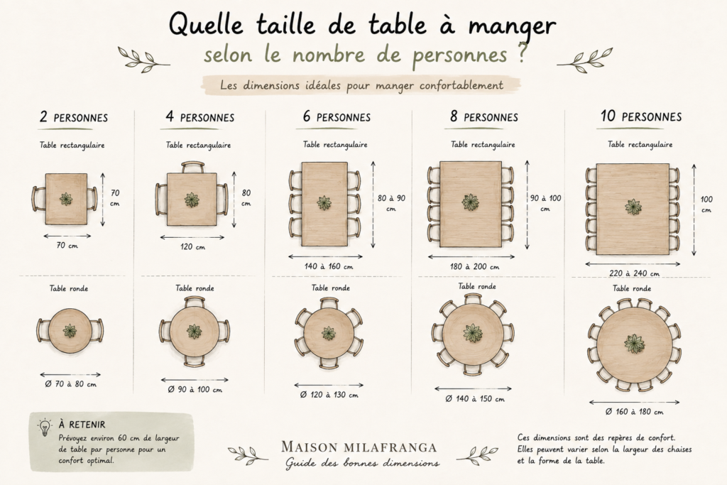 Quelle taille de table à manger choisir selon le nombre de personnes ? 2 Croquis des tailles de table à manger pour 2, 4, 6, 8 et 10 personnes