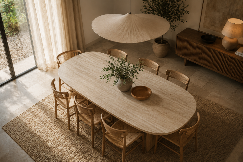 Grande table à manger ovale avec huit chaises dans une salle à manger lumineuse