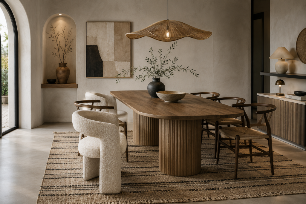 Grand tapis sous une table à manger avec six chaises
